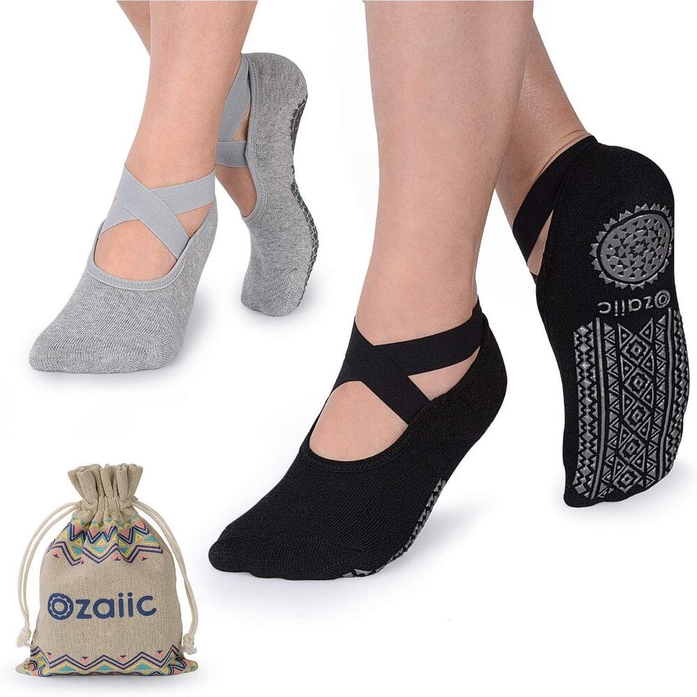 Women’s Non-Slip Ballet Yoga Socks with Straps, Pilates Barre Grip Socks 2 Pairs